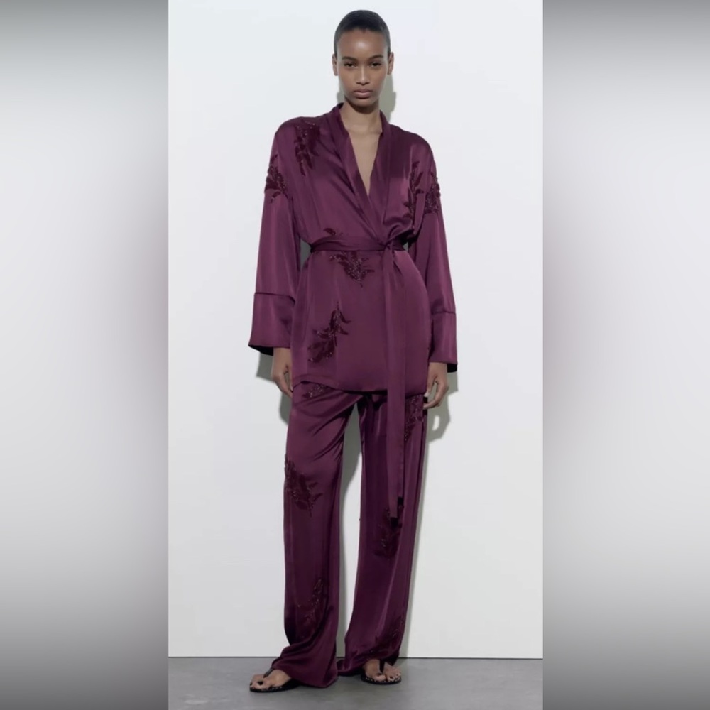 ZARA OPEN TIED BELT BEADED EMBROIDERED KIMONO PURPLE  SET